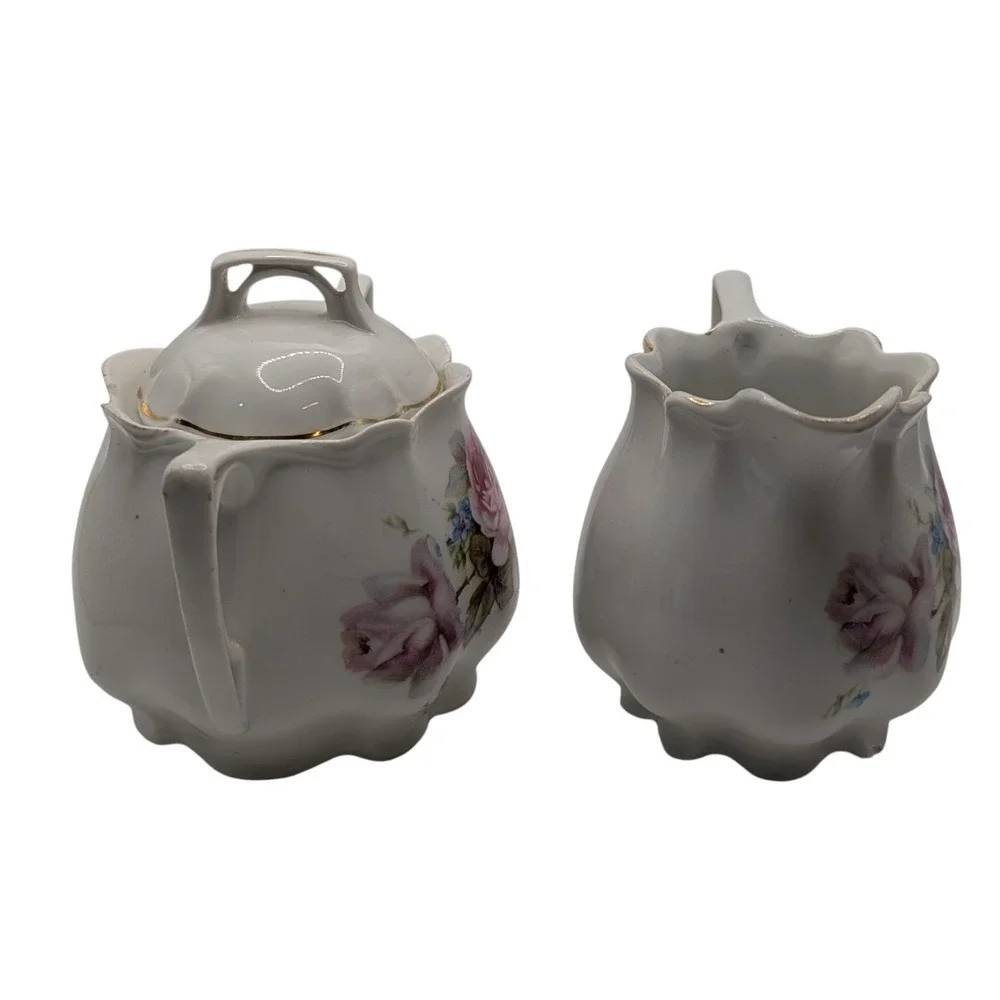 Vintage Cream and Lidded Sugar Set Floral Rose Scalloped Germany Mid Century SEE